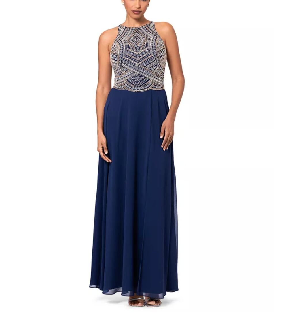 Betsy & Adam Women's Beaded Navy Gold Gown Size 10 Petite NWT Elegant Formal